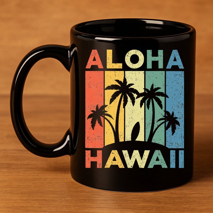 Aloha Hawaii Hawaiian Island Palm Beach Surfboard Surf 11oz C Handle Ceramic Mug