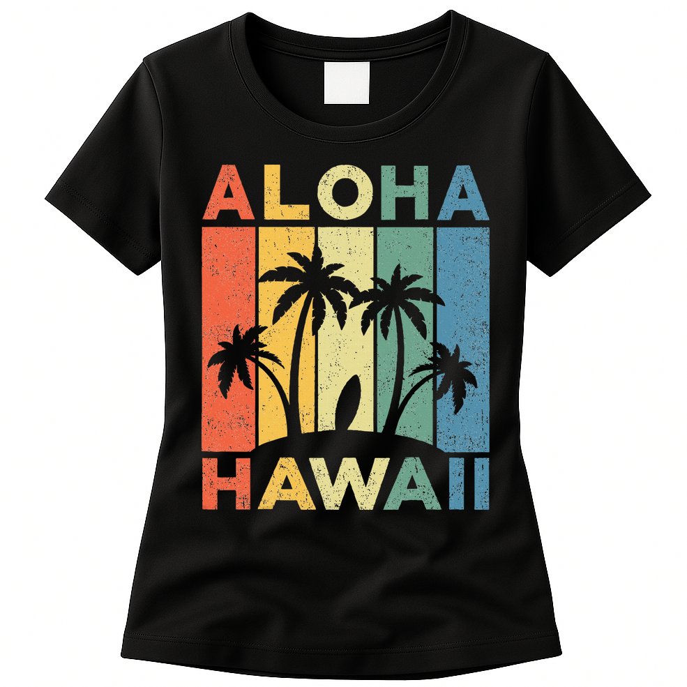 Aloha Hawaii Hawaiian Island Palm Beach Surfboard Surf Womens T-Shirt