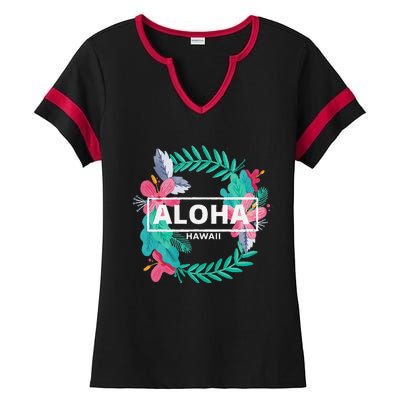 Aloha Hawaii Hibiscus Flowers Ladies Halftime Notch Neck Tee