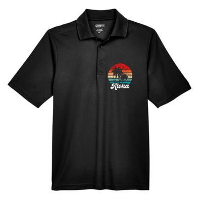 Aloha Hawaii Hawaiian Island Palm Tree Beach Retro 70s 80s Men's Origin Performance Piqué Polo