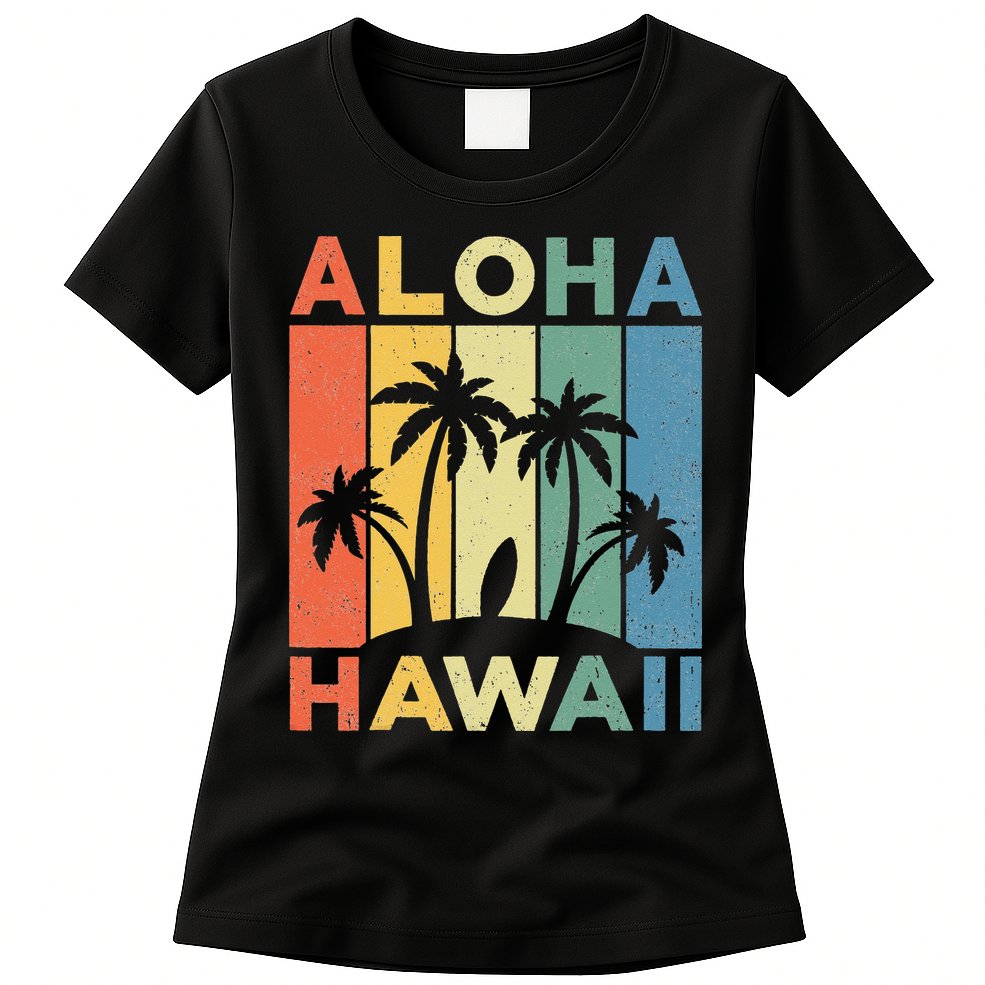Aloha Hawaii Hawaiian Island Palm Beach Surfboard Surf Womens T-Shirt
