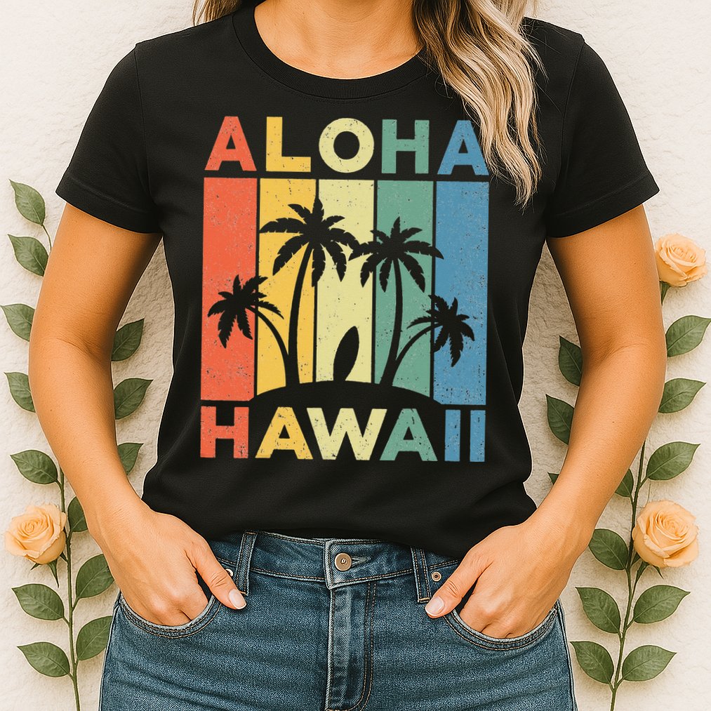 Aloha Hawaii Hawaiian Island Palm Beach Surfboard Surf Womens T-Shirt