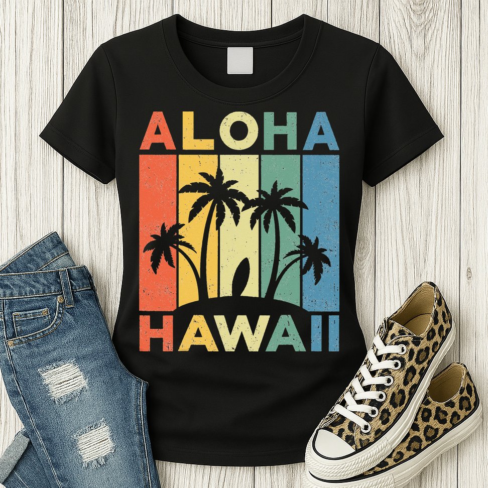Aloha Hawaii Hawaiian Island Palm Beach Surfboard Surf Womens T-Shirt