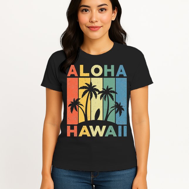Aloha Hawaii Hawaiian Island Palm Beach Surfboard Surf Womens T-Shirt
