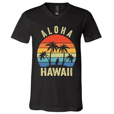 Aloha Hawaii Hawaiian Island Palm Beach Surfboard Surf V-Neck T-Shirt