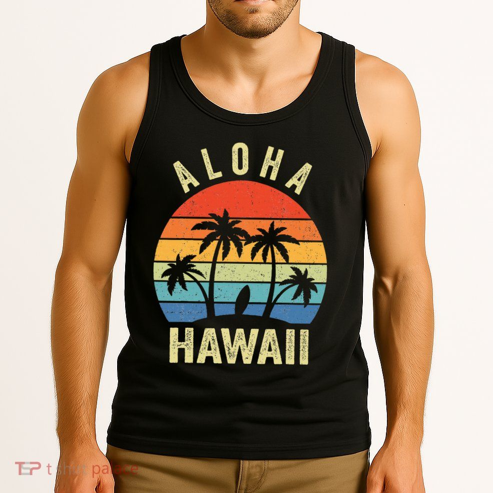 Aloha Hawaii Hawaiian Island Palm Beach Surfboard Surf Tank Top