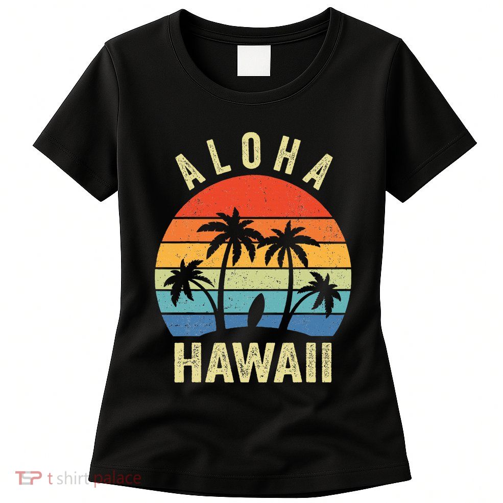 Aloha Hawaii Hawaiian Island Palm Beach Surfboard Surf Womens T-Shirt