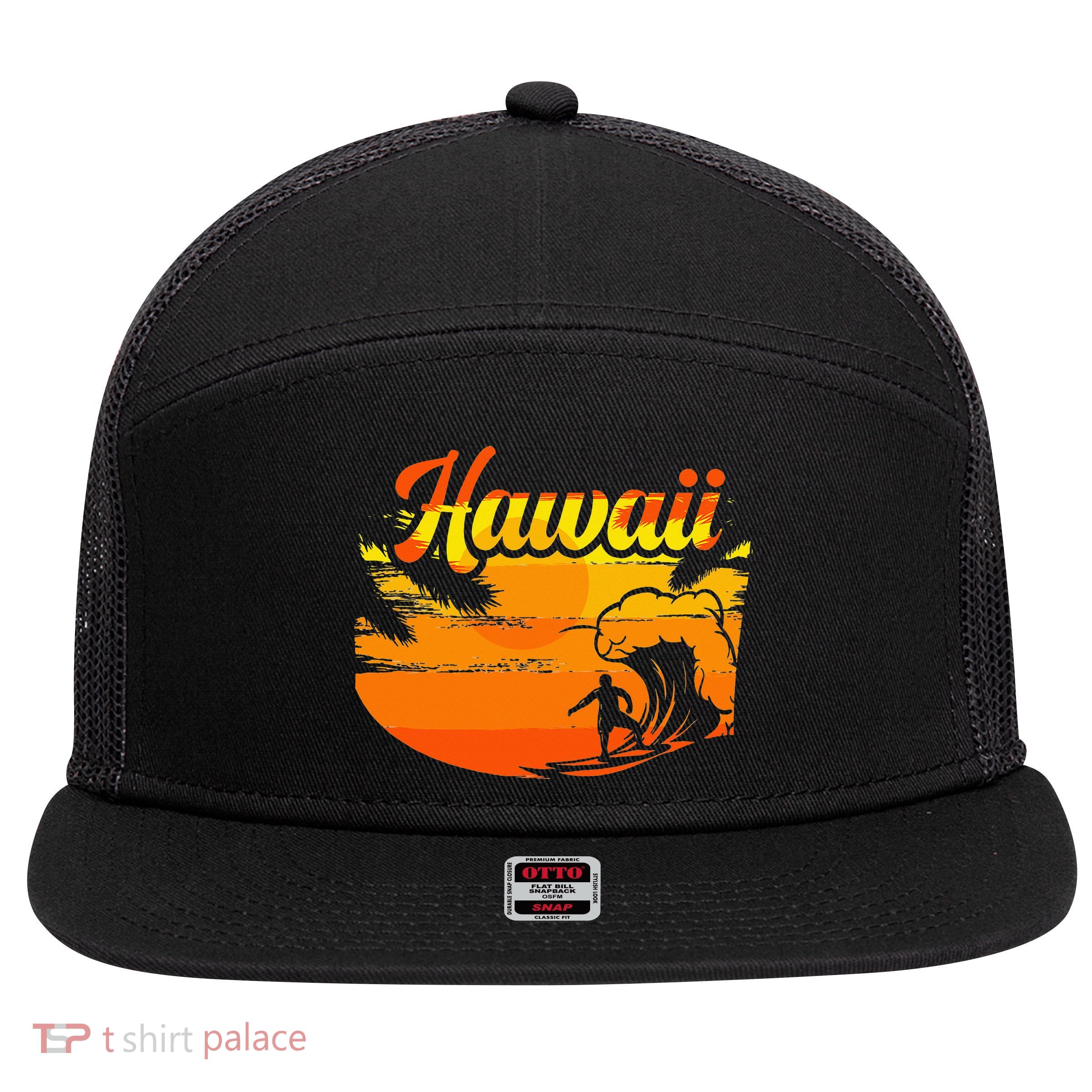 Aloha Hawaii Hawaiian Island Palm Beach Surfboard 7 Panel Mesh Trucker Snapback Hat