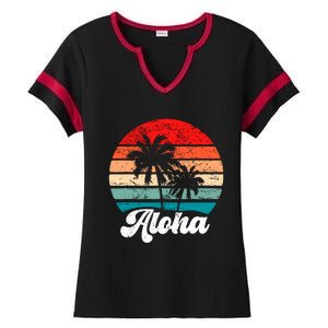 Aloha Hawaii Hawaiian Island Palm Tree Beach Retro 70s 80s Ladies Halftime Notch Neck Tee