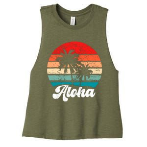 Aloha Hawaii Hawaiian Island Palm Tree Beach Retro 70s 80s Women's Racerback Cropped Tank