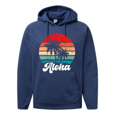 Aloha Hawaii Hawaiian Island Palm Tree Beach Retro 70s 80s Performance Fleece Hoodie