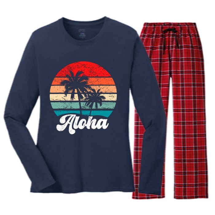 Aloha Hawaii Hawaiian Island Palm Tree Beach Retro 70s 80s Women's Long Sleeve Flannel Pajama Set 