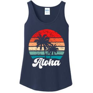 Aloha Hawaii Hawaiian Island Palm Tree Beach Retro 70s 80s Ladies Essential Tank