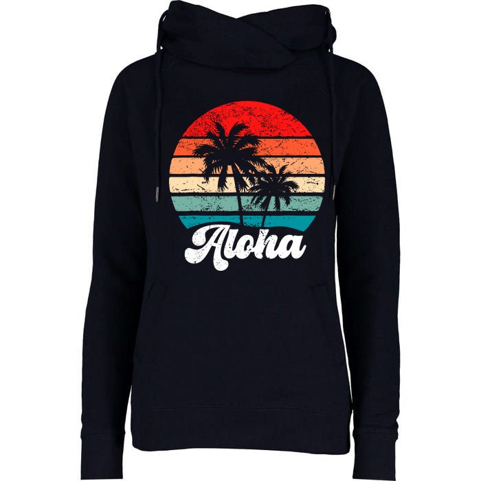 Aloha Hawaii Hawaiian Island Palm Tree Beach Retro 70s 80s Womens Funnel Neck Pullover Hood