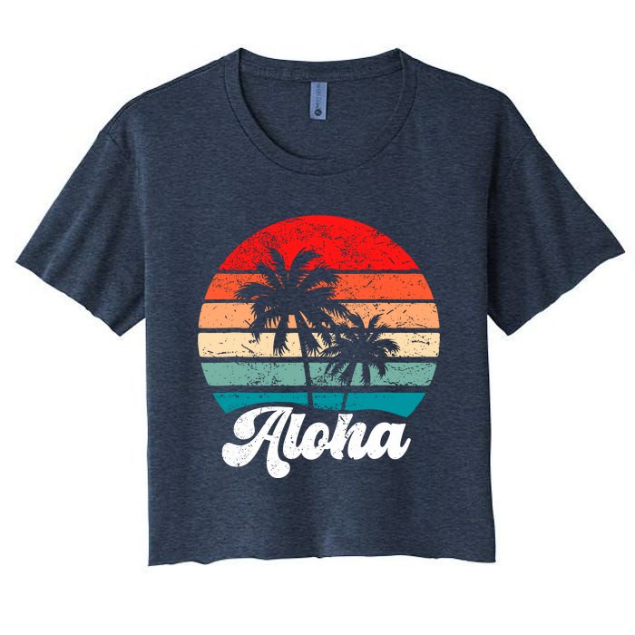 Aloha Hawaii Hawaiian Island Palm Tree Beach Retro 70s 80s Women's Crop Top Tee