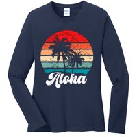 Aloha Hawaii Hawaiian Island Palm Tree Beach Retro 70s 80s Ladies Long Sleeve Shirt