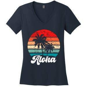 Aloha Hawaii Hawaiian Island Palm Tree Beach Retro 70s 80s Women's V-Neck T-Shirt