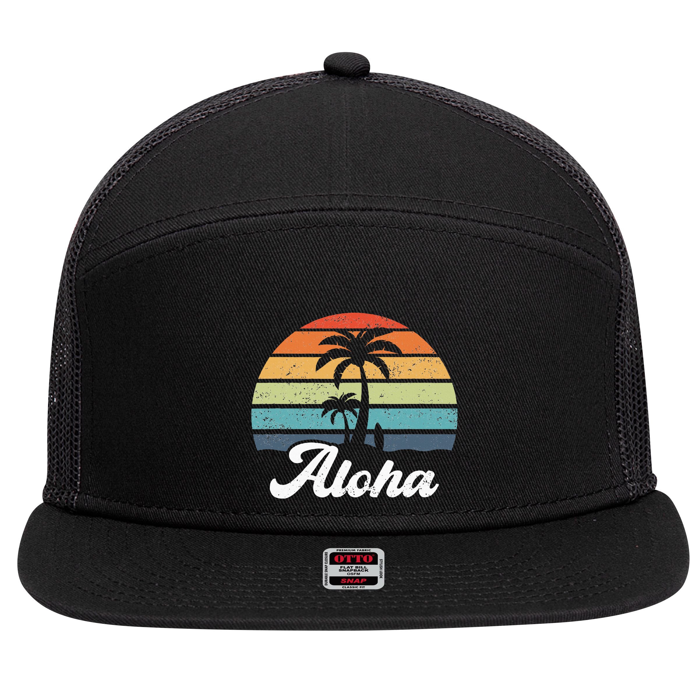 Aloha Hawaii Hawaiian Island Palm Beach Surfboard Surf 7 Panel Mesh Trucker Snapback Hat
