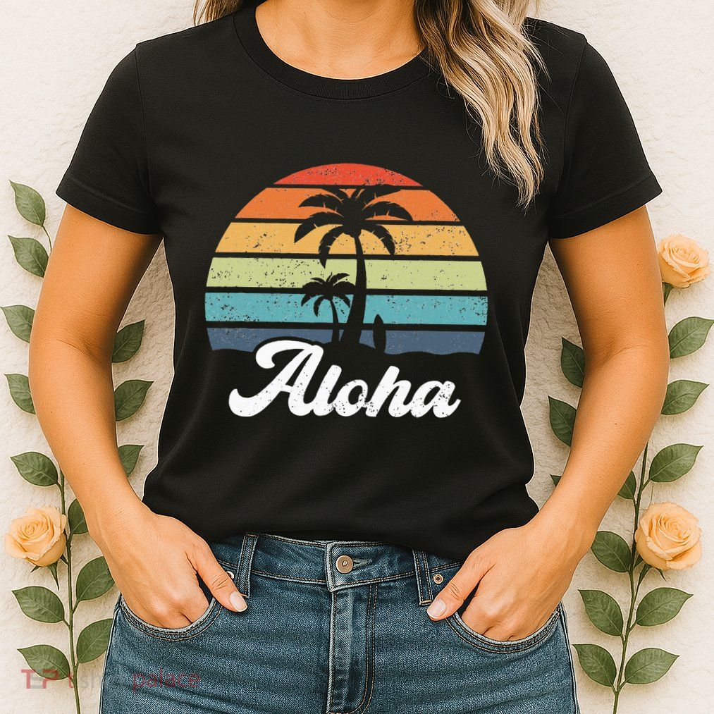 Aloha Hawaii Hawaiian Island Palm Beach Surfboard Surf Womens T-Shirt