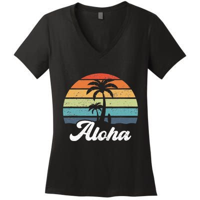 Aloha Hawaii Hawaiian Island Palm Beach Surfboard Surf Women's V-Neck T-Shirt