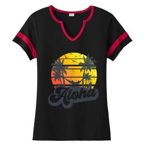 Aloha Hawaii Hawaiian Island Palm Trees Beach Vacation Ladies Halftime Notch Neck Tee