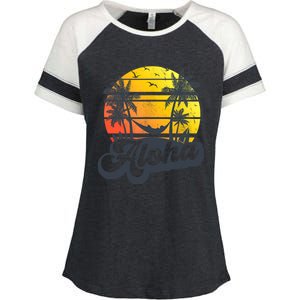 Aloha Hawaii Hawaiian Island Palm Trees Beach Vacation Enza Ladies Jersey Colorblock Tee