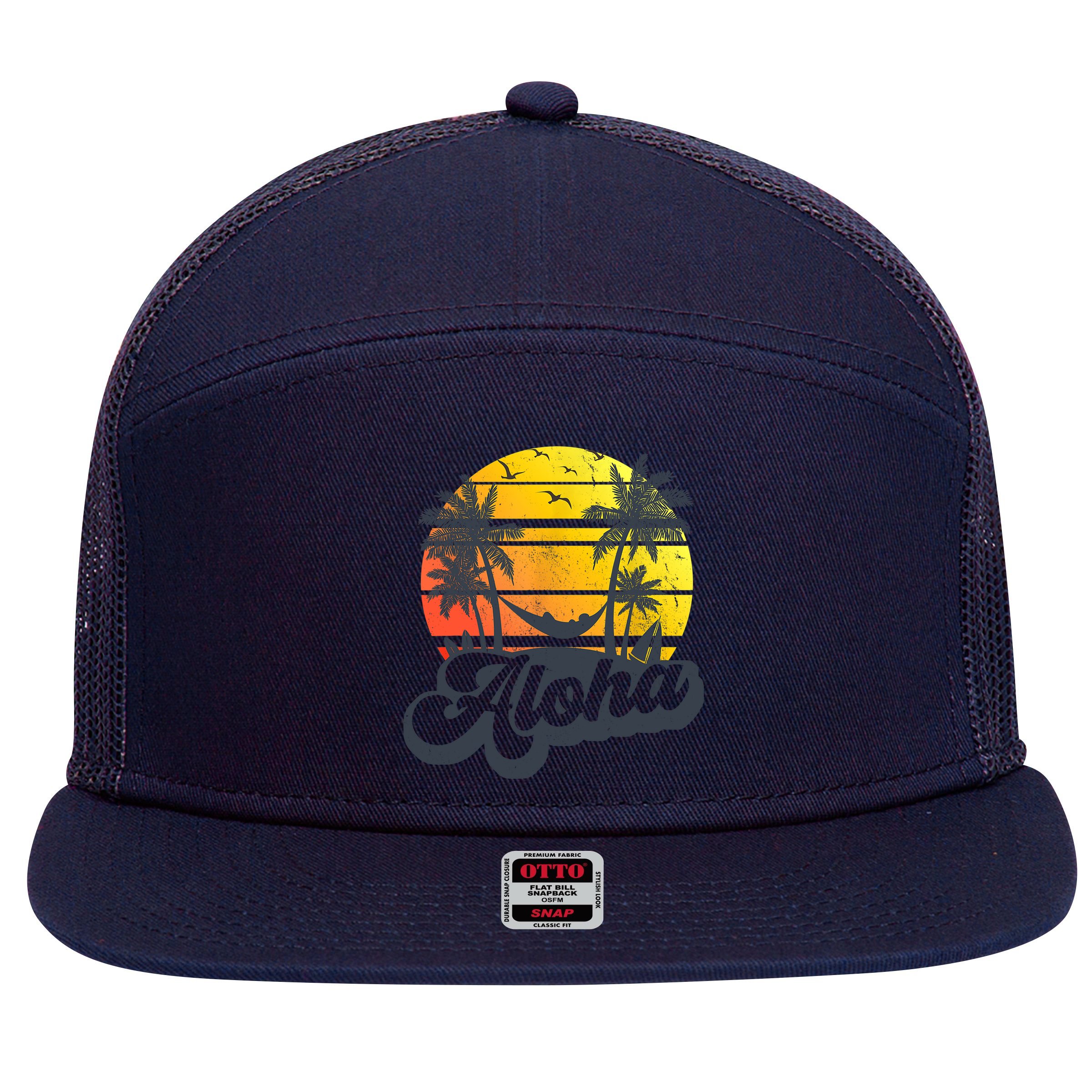 Aloha Hawaii Hawaiian Island Palm Trees Beach Vacation 7 Panel Mesh Trucker Snapback Hat