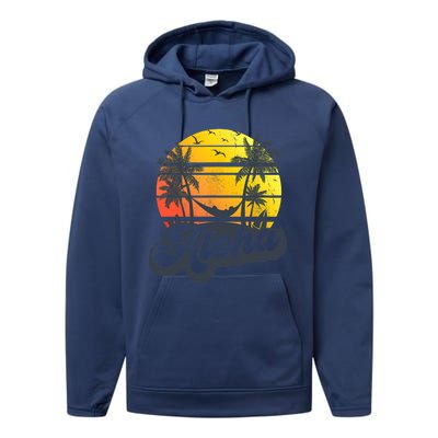 Aloha Hawaii Hawaiian Island Palm Trees Beach Vacation Performance Fleece Hoodie