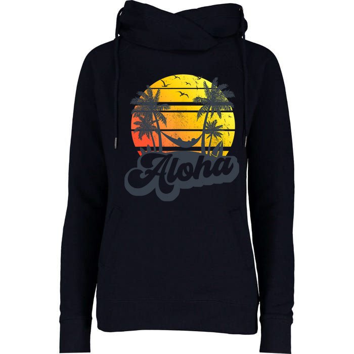 Aloha Hawaii Hawaiian Island Palm Trees Beach Vacation Womens Funnel Neck Pullover Hood