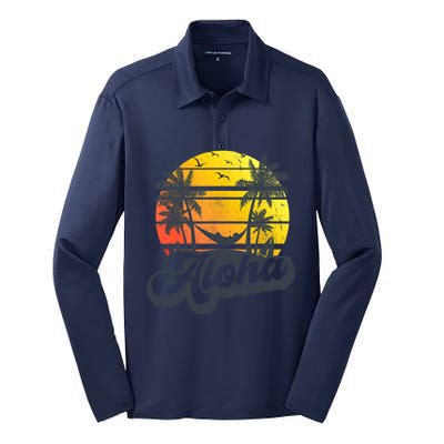 Aloha Hawaii Hawaiian Island Palm Trees Beach Vacation Silk Touch Performance Long Sleeve Polo