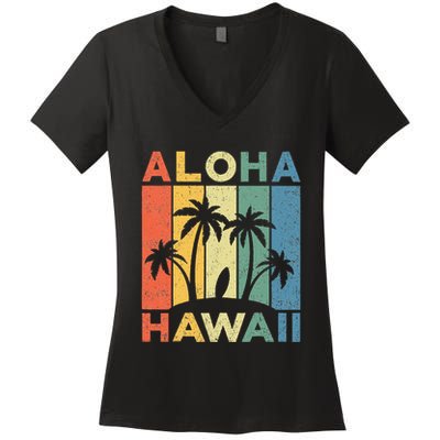 Aloha Hawaii Hawaiian Island Palm Beach Surfboard Surf Women's V-Neck T-Shirt