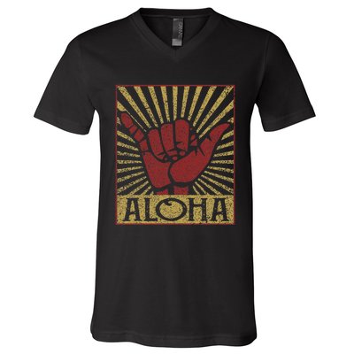 Aloha Hawaiian Hawaii Vintage Distressed Shaka Sign V-Neck T-Shirt