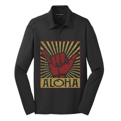 Aloha Hawaiian Hawaii Vintage Distressed Shaka Sign Silk Touch Performance Long Sleeve Polo