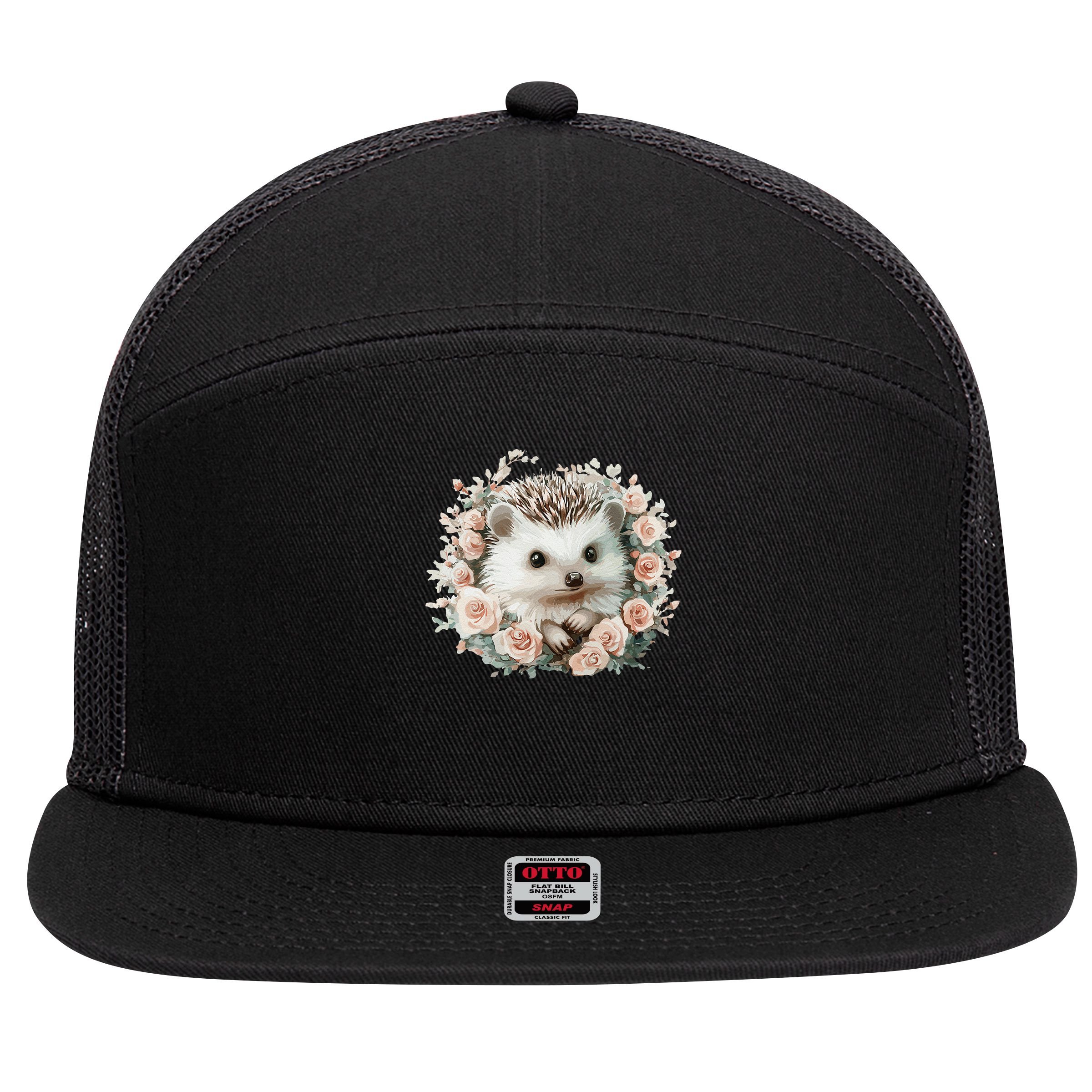 Adorable Hedgehog In Floral Frame 7 Panel Mesh Trucker Snapback Hat