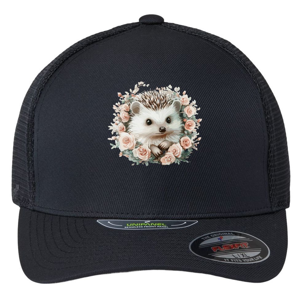 Adorable Hedgehog In Floral Frame Flexfit Unipanel Trucker Cap