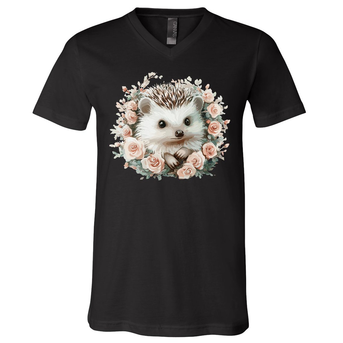 Adorable Hedgehog In Floral Frame V-Neck T-Shirt