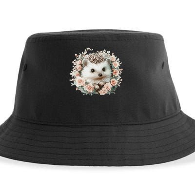 Adorable Hedgehog In Floral Frame Sustainable Bucket Hat