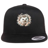 Adorable Hedgehog In Floral Frame Flat Bill Trucker Hat