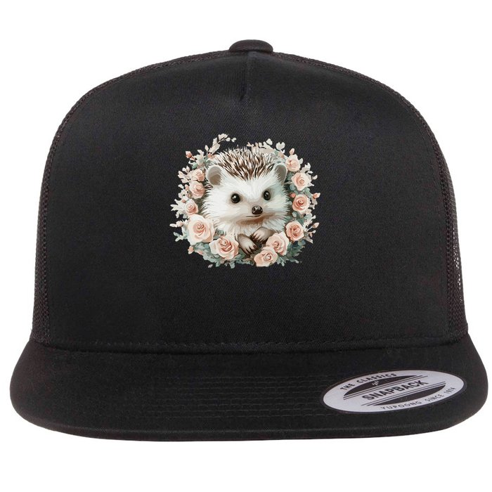 Adorable Hedgehog In Floral Frame Flat Bill Trucker Hat