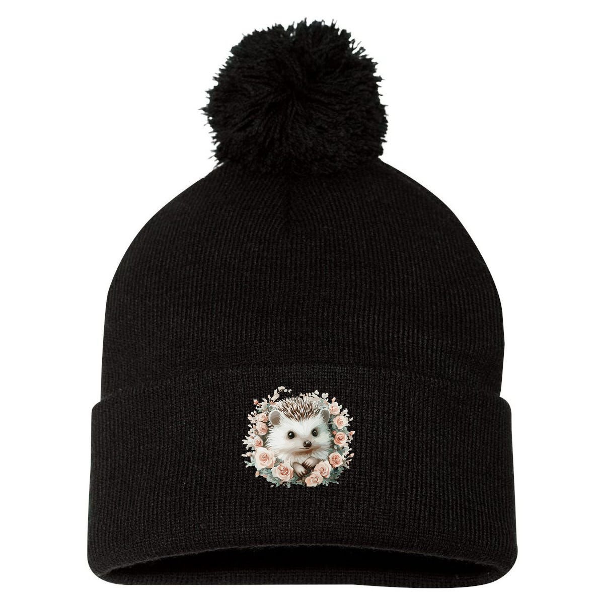 Adorable Hedgehog In Floral Frame Pom Pom 12in Knit Beanie