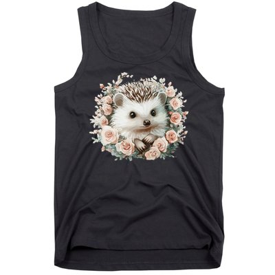 Adorable Hedgehog In Floral Frame Tank Top