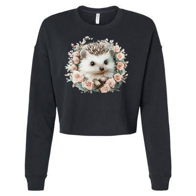 Adorable Hedgehog In Floral Frame Cropped Pullover Crew