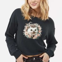 Adorable Hedgehog In Floral Frame Cropped Pullover Crew