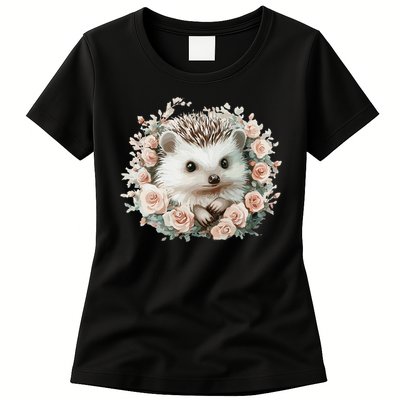 Adorable Hedgehog In Floral Frame Womens T-Shirt