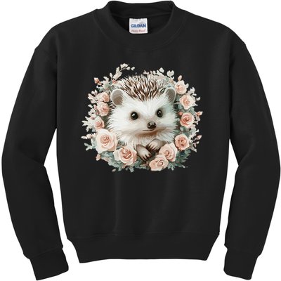 Adorable Hedgehog In Floral Frame Kids Sweatshirt