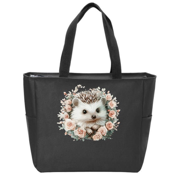 Adorable Hedgehog In Floral Frame Zip Tote Bag