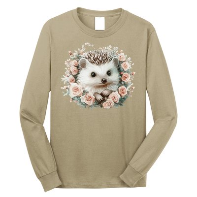 Adorable Hedgehog In Floral Frame Long Sleeve Shirt