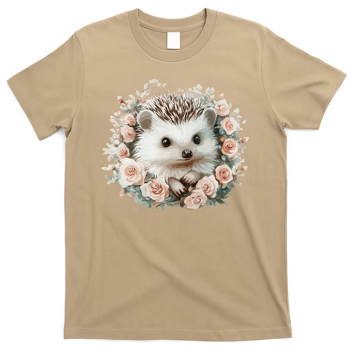 Adorable Hedgehog In Floral Frame T-Shirt