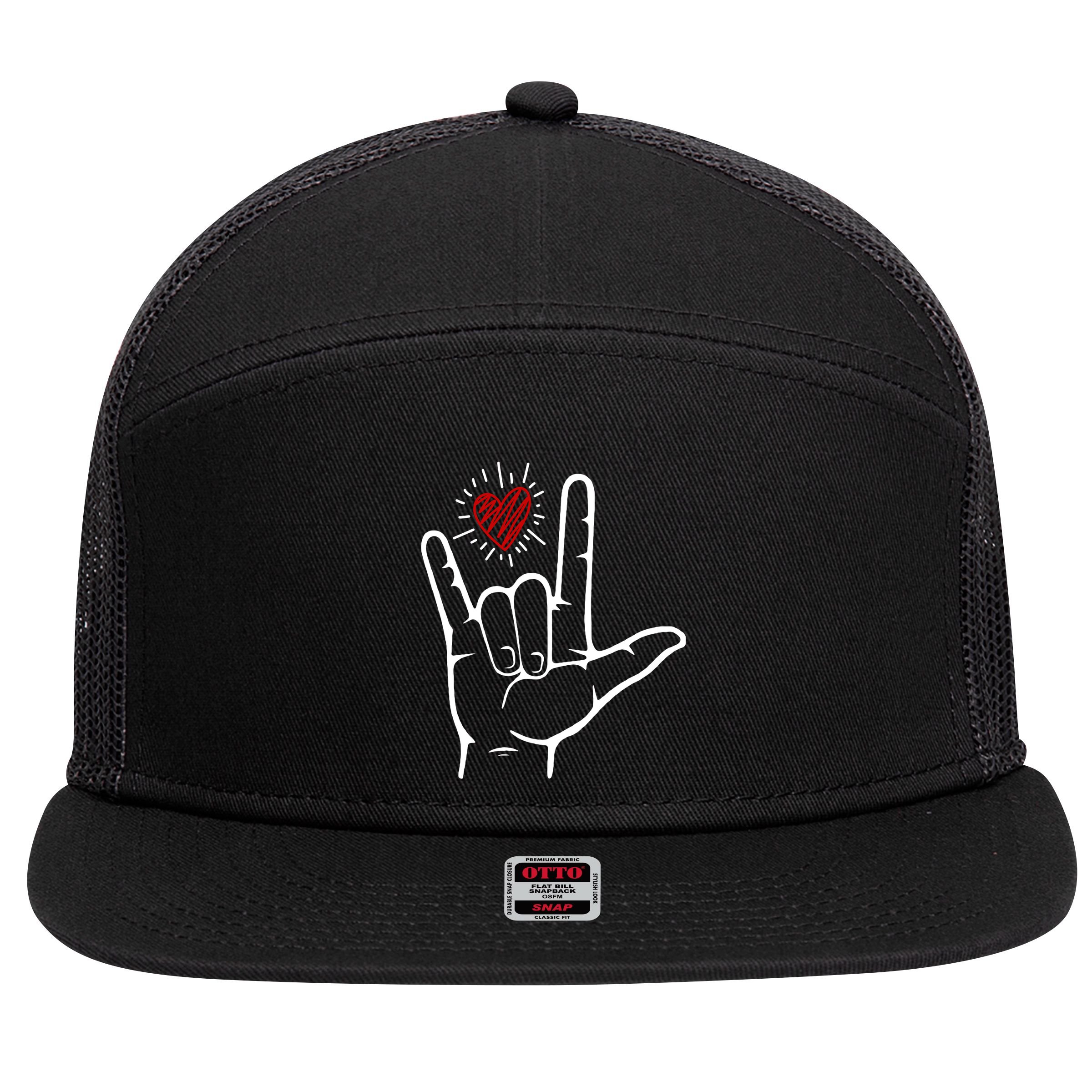 Asl Heart I Love You Hand Sign Language Valentines Day 7 Panel Mesh Trucker Snapback Hat