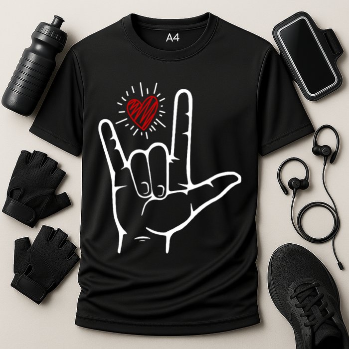 Asl Heart I Love You Hand Sign Language Valentines Day Cooling Performance Crew T-Shirt